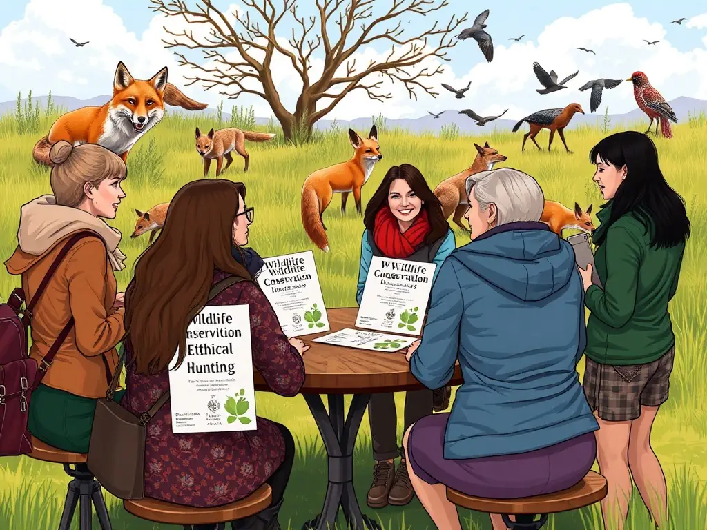 A group of women participating in a workshop on wildlife conservation and ethical hunting practices.