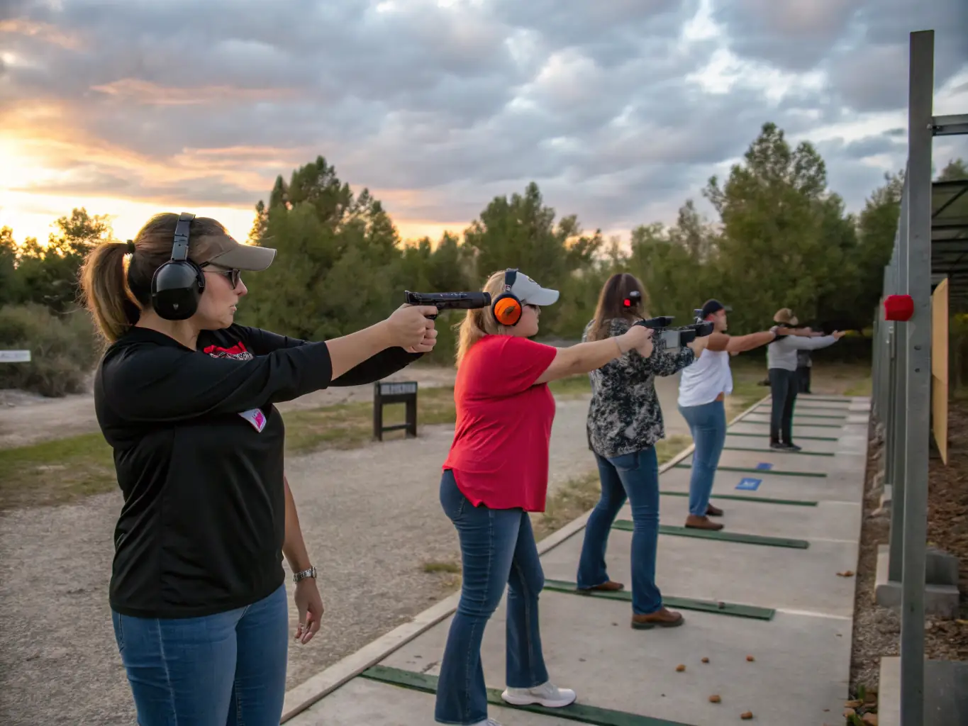 A group of women participating in a practical hunting safety training outdoors, focusing on firearm handling and safety protocols.