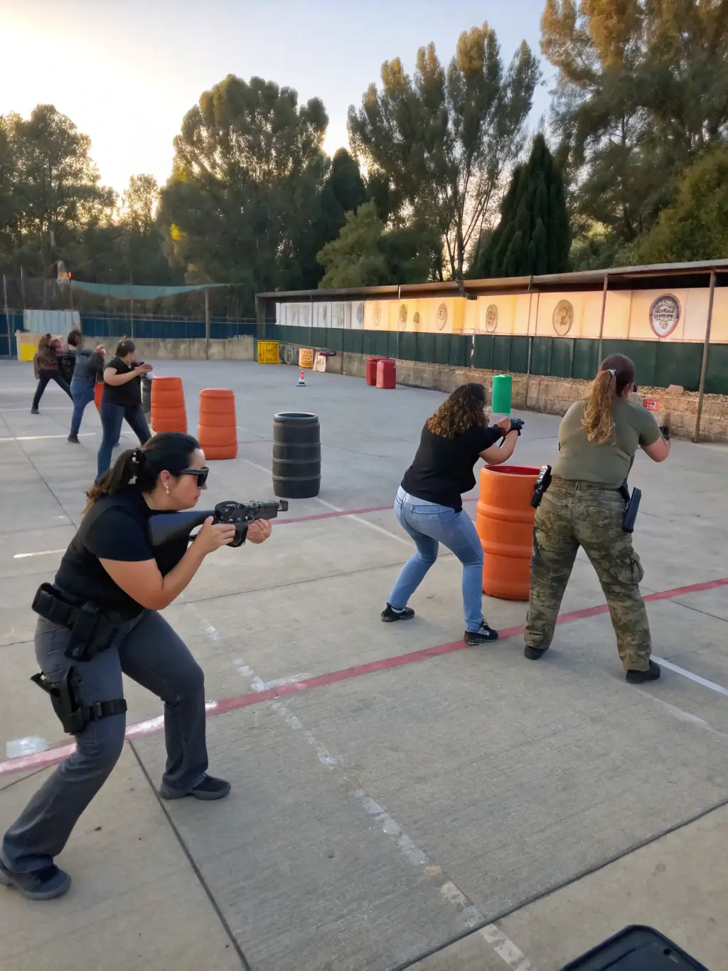 A group of women participating in a hunting safety training session outdoors, focusing on firearm handling and safety protocols, with an instructor demonstrating proper techniques.