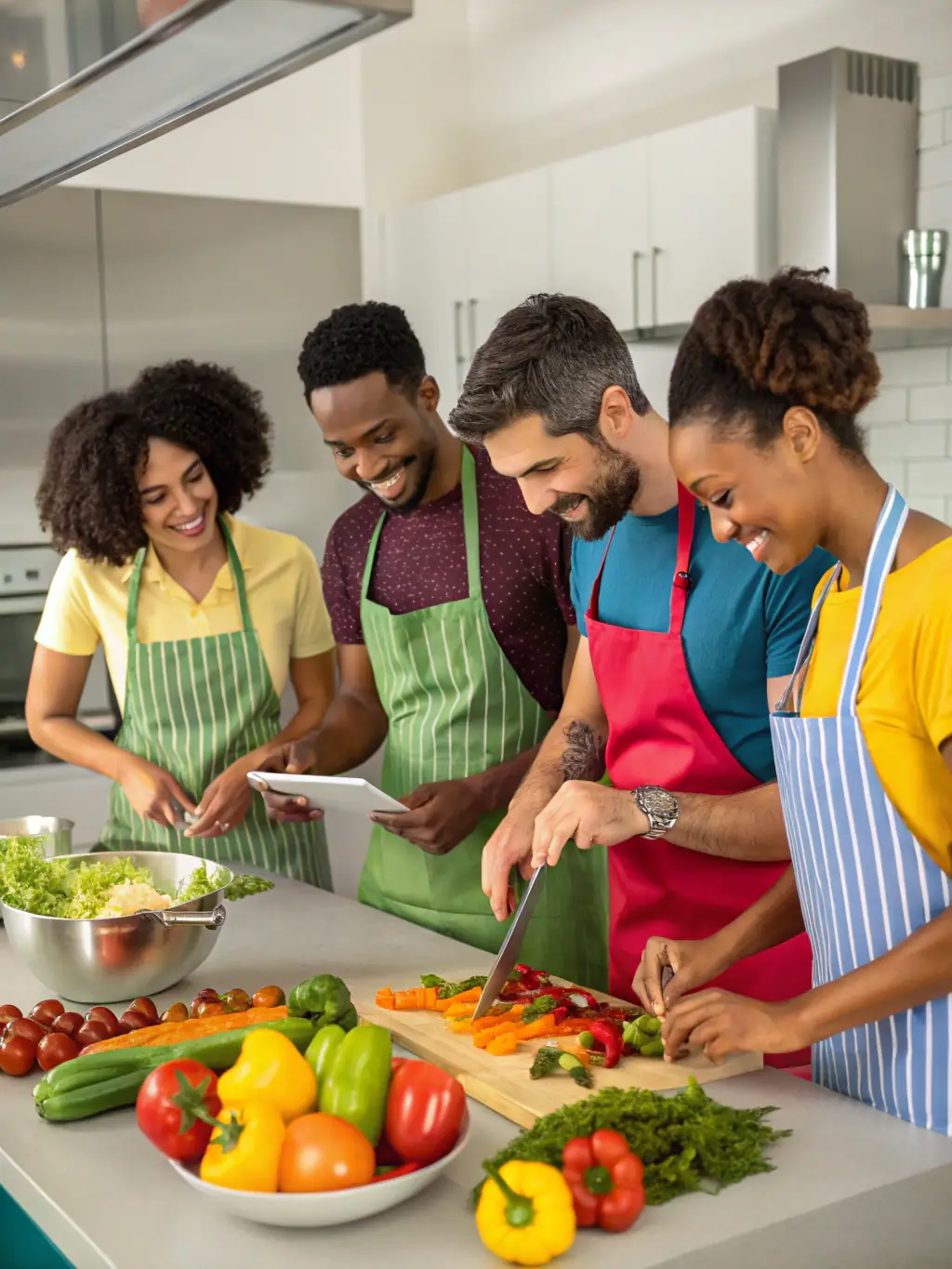 A group of women participating in a wild game cooking class, preparing a meal using freshly hunted game, with an instructor guiding them through the process.